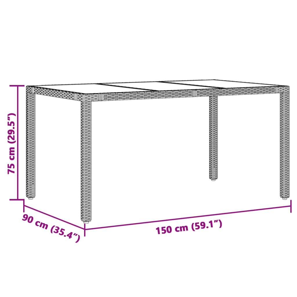 Mesa de jardim com tampo de vidro 150x90x75 cm vime PE castanho