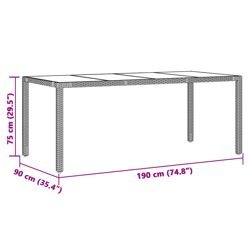 Mesa de jardim com tampo de vidro 190x90x75 cm vime PE preto