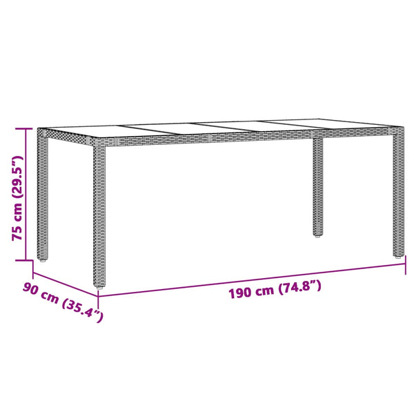 Mesa de jardim com tampo de vidro 190x90x75 cm vime PE castanho