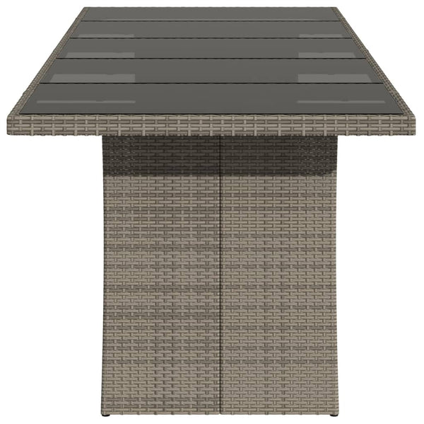 Mesa de jardim com tampo de vidro 240x90x75 cm vime PE cinzento