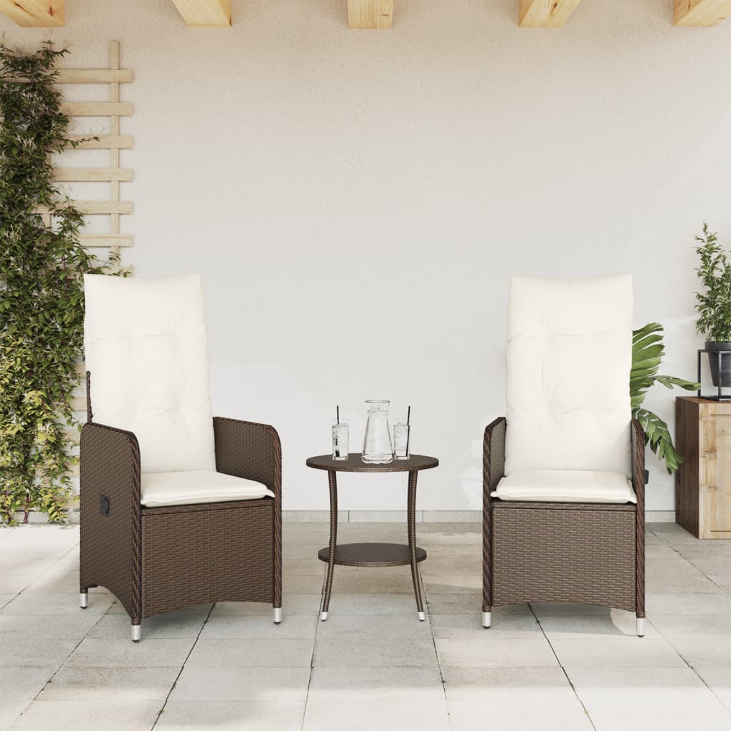 Cadeiras jardim reclináveis 2pcs c/ almofadões vime PE castanho