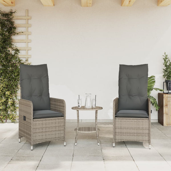 Cadeiras jardim reclináveis 2 pcs com mesa vime PE cinzento