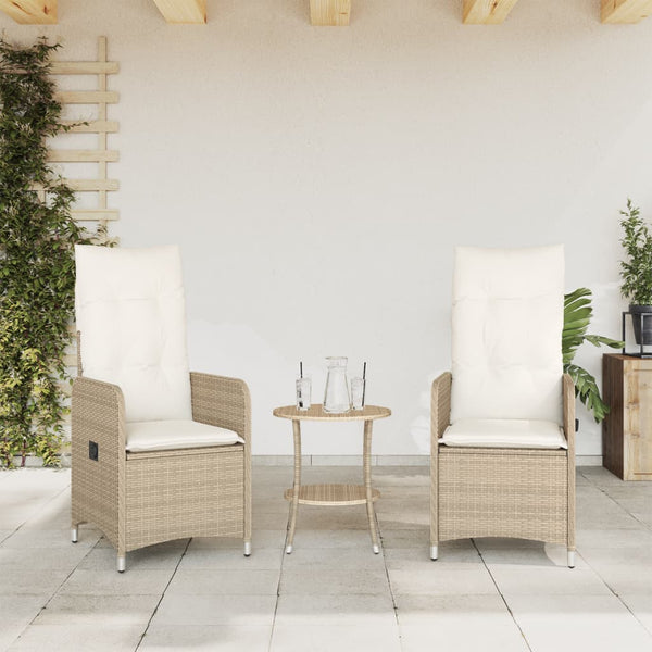 Cadeiras de jardim reclináveis 2 pcs com mesa vime PE bege