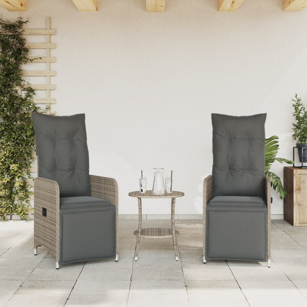Cadeiras jardim reclináveis 2 pcs com mesa vime PE cinzento
