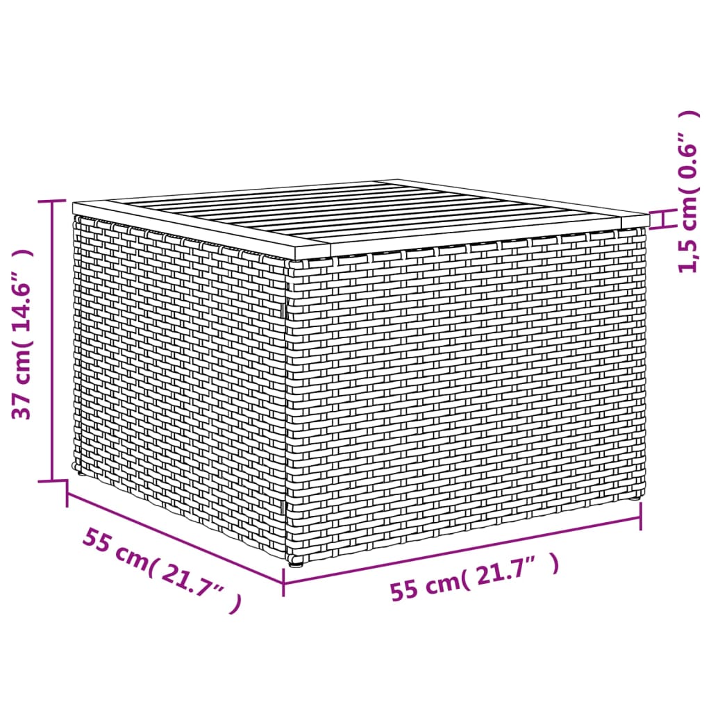 Mesa de jardim 55x55x37 cm vime PE e madeira de acácia cinzento