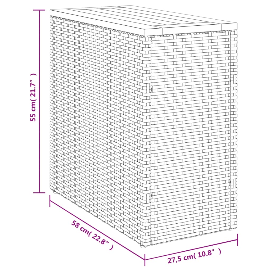 Mesa apoio jardim c/ tampo madeira 58x27,5x55 cm vime PE cinza