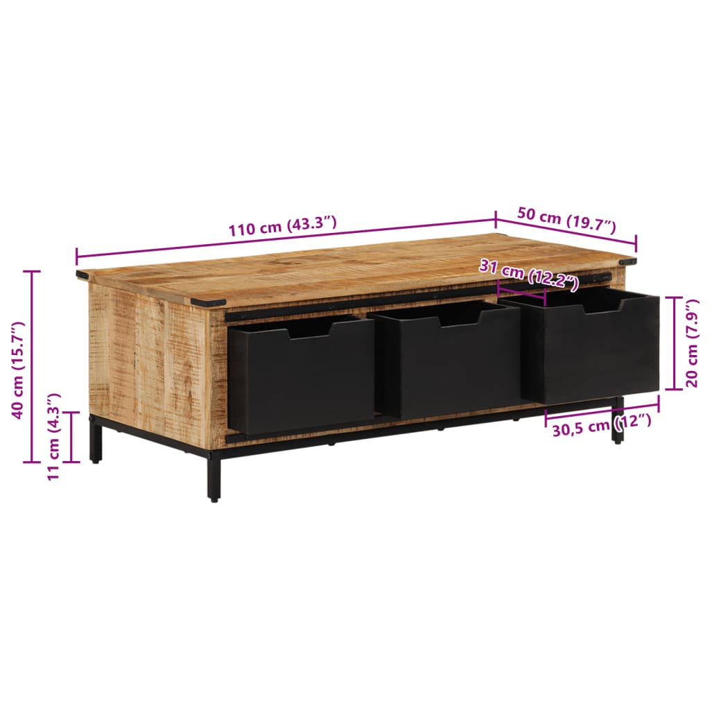 Mesa de centro c/ gavetas 110x50x40 cm madeira mangueira maciça