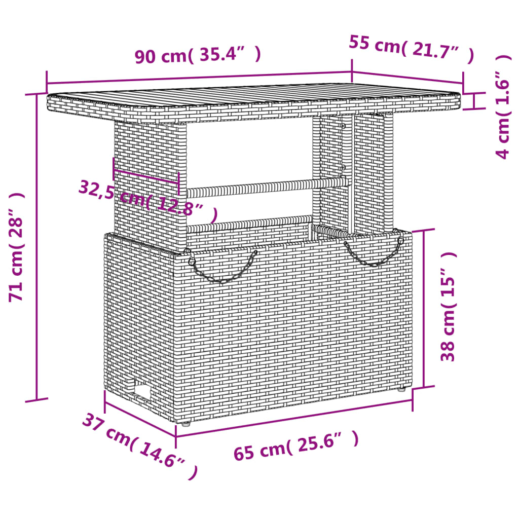 Mesa de jardim 90x55x71 cm vime PE e madeira de acácia cinzento