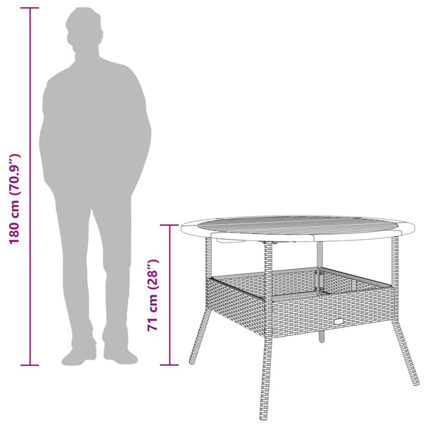 Mesa de jardim com tampo de acácia Ø110x71 cm vime PE preto