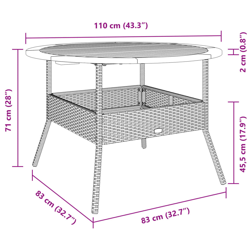 Mesa de jardim com tampo de acácia Ø110x71 cm vime PE cinza