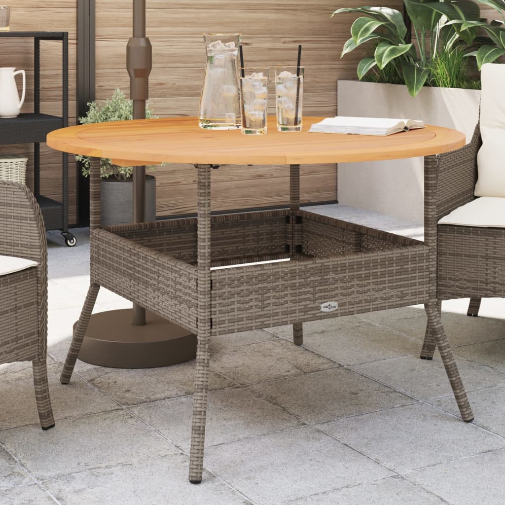 Mesa de jardim com tampo de acácia Ø110x71 cm vime PE cinza