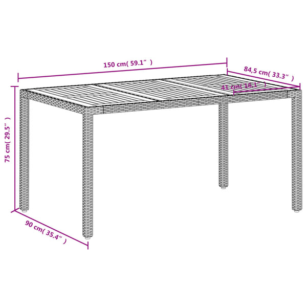 Mesa de jardim 150x90x75 cm vime PE e madeira de acácia bege