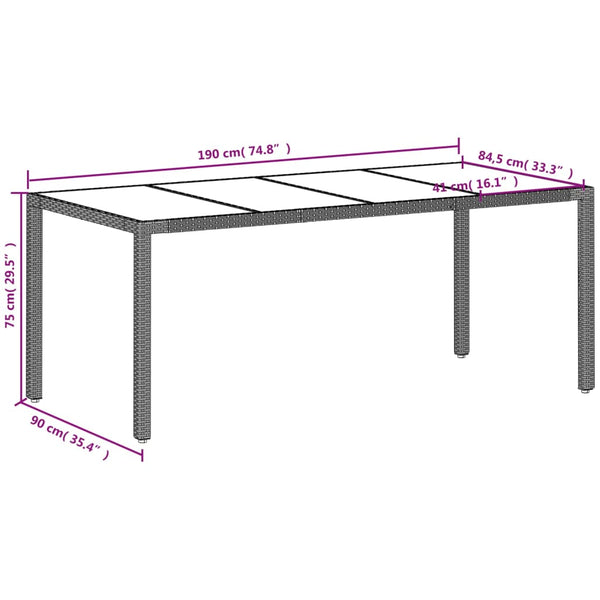 Mesa de jardim c/ tampo vidro 190x90x75 cm vime PE cinza-claro