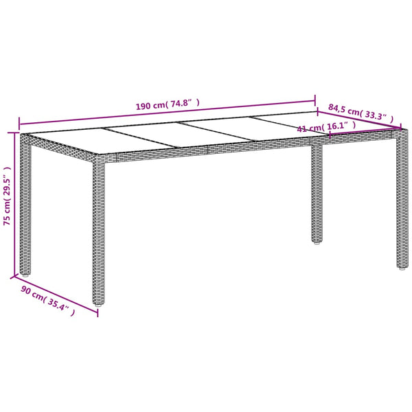 Mesa de jardim com tampo de vidro 190x90x75 cm vime PE branco