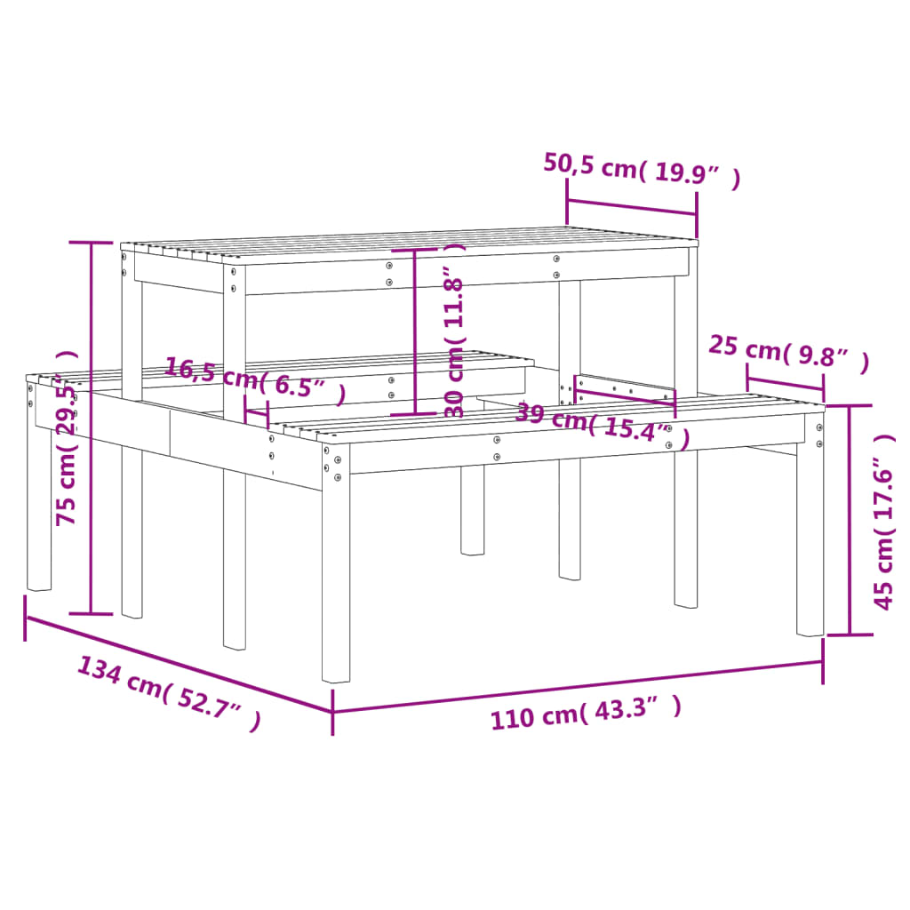 Mesa de piquenique 110x134x75 cm madeira de pinho maciça