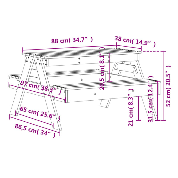 Mesa de piquenique para crianças 88x97x52 cm pinho maciço