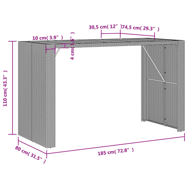 Mesa de jardim com tampo em acácia 185x80x110 cm vime PE preto