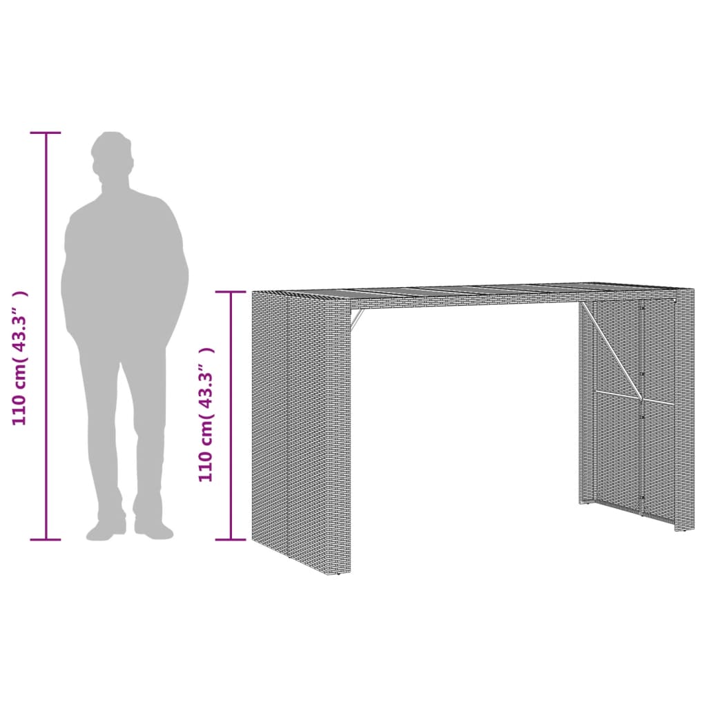 Mesa de jardim com tampo em acácia 185x80x110 cm vime PE cinza