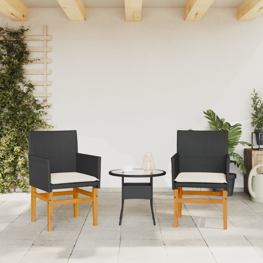Cadeiras de jardim c/ almofadões 2 pcs vime PE/madeira preto