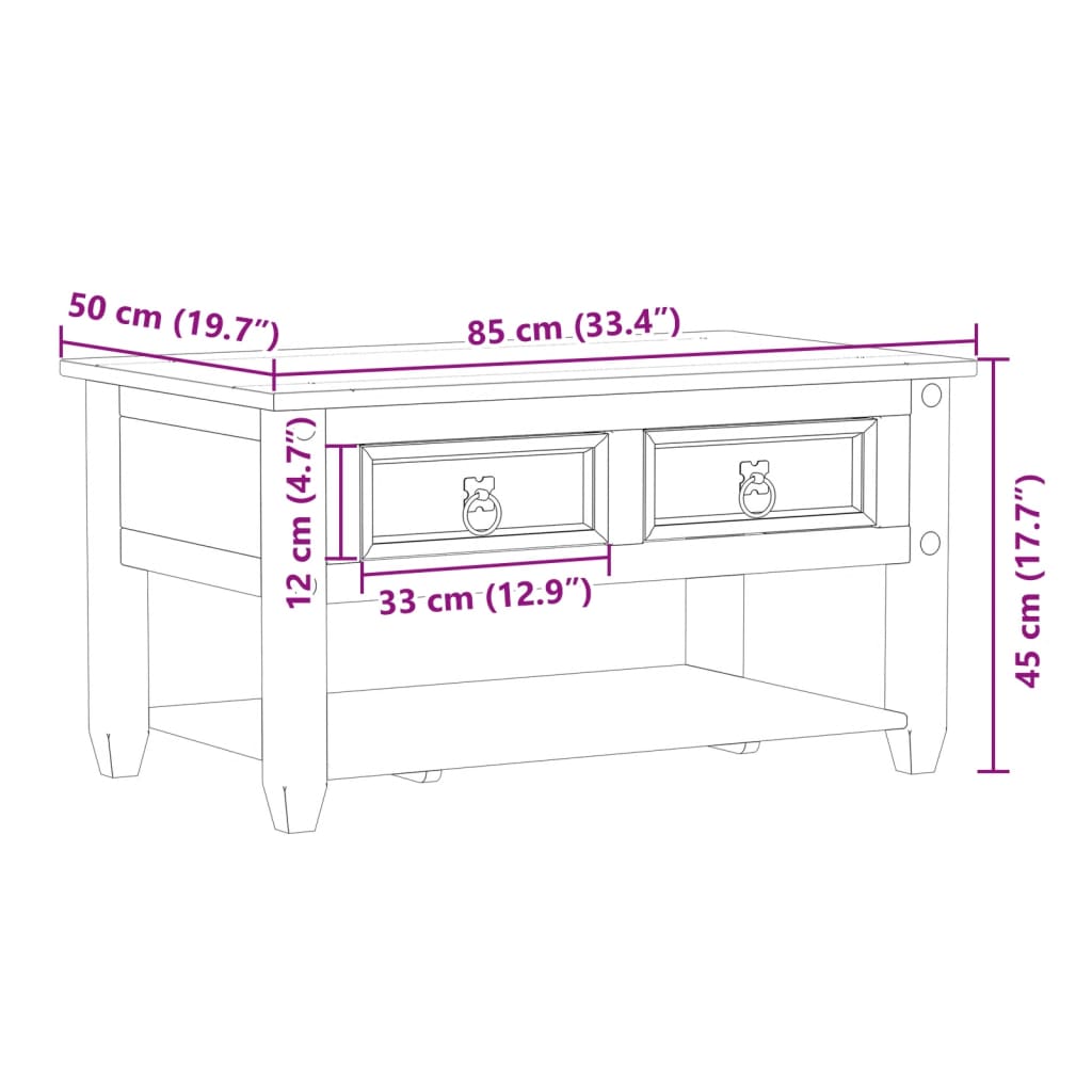 Mesa de centro com gavetas Corona 85x50x45 cm pinho maciço