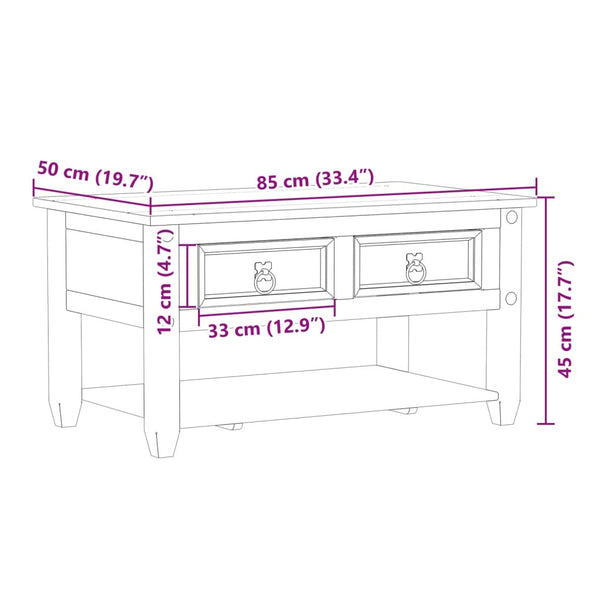 Mesa de centro com gavetas Corona 85x50x45 cm pinho maciço