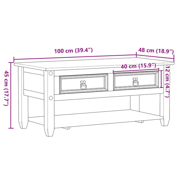 Mesa de centro com gavetas Corona 100x48x45 cm pinho maciço