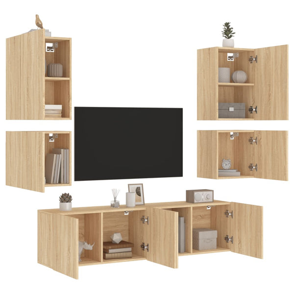 6 pcs móveis de parede p/ TV derivados madeira carvalho sonoma