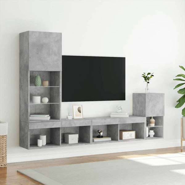 4 pcs móveis parede p/ TV c/ LEDs deriv. madeira cinza cimento