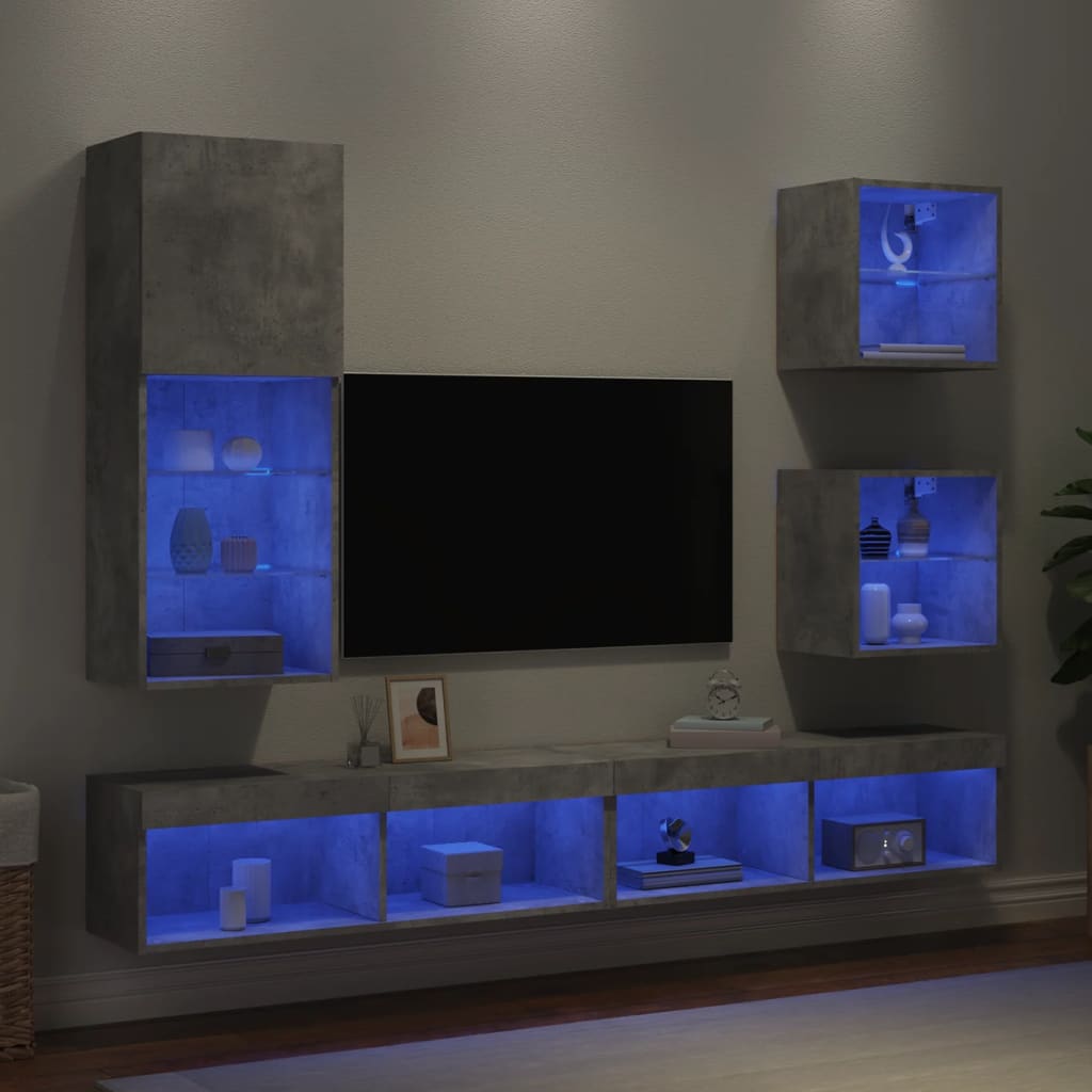 5 pcs móveis parede p/ TV c/ LEDs deriv. madeira cinza cimento