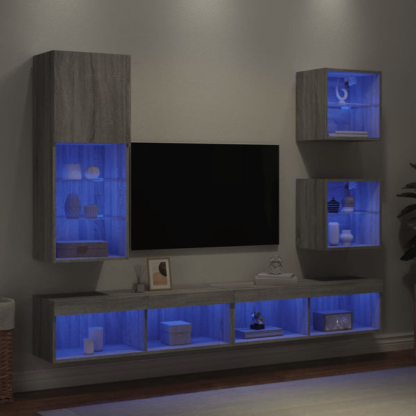 5 pcs móveis parede p/ TV c/ LEDs deriv. madeira cinza sonoma