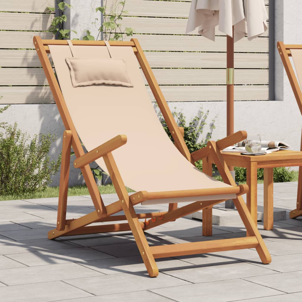 Cadeira de praia dobrável madeira eucalipto maciça/tecido bege