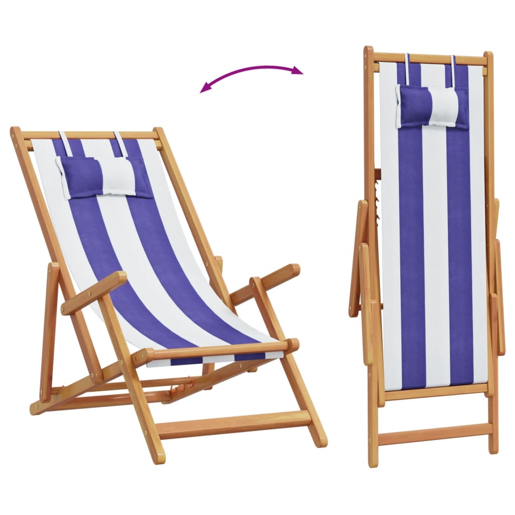 Cadeira praia dobrável mad. eucalipto maciça/tecido azul/branco
