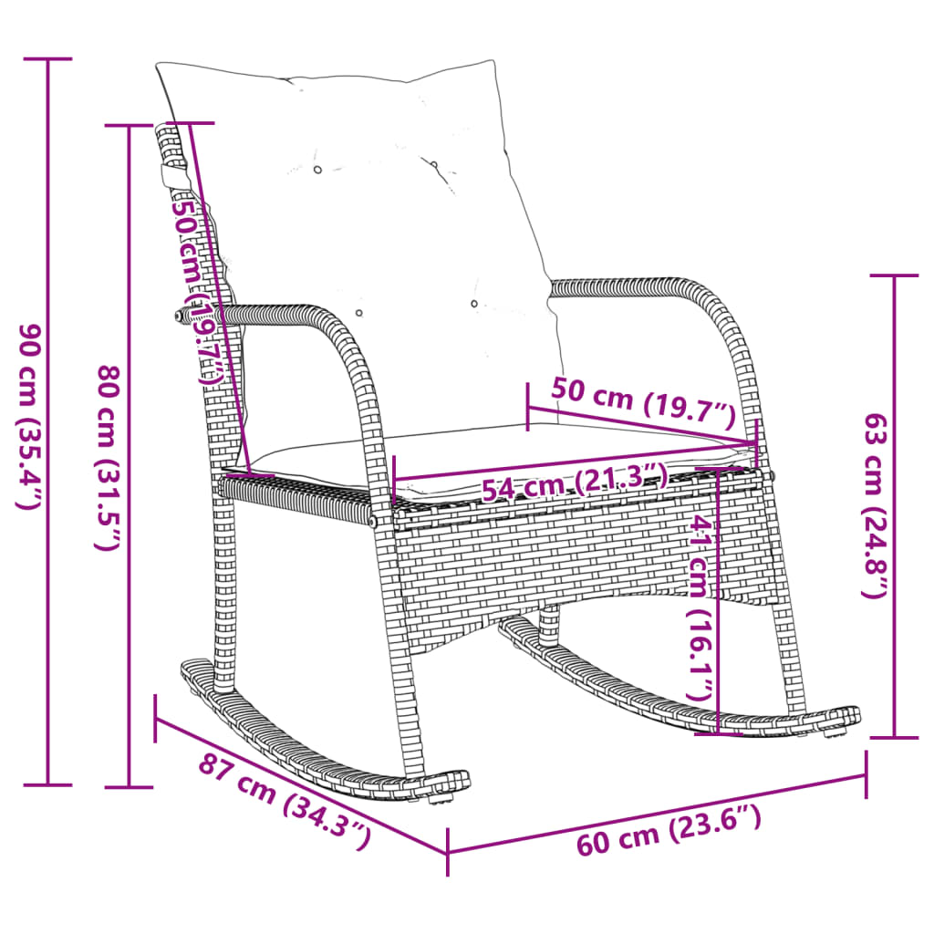 Cadeira de baloiço para jardim com almofadões vime PE castanho