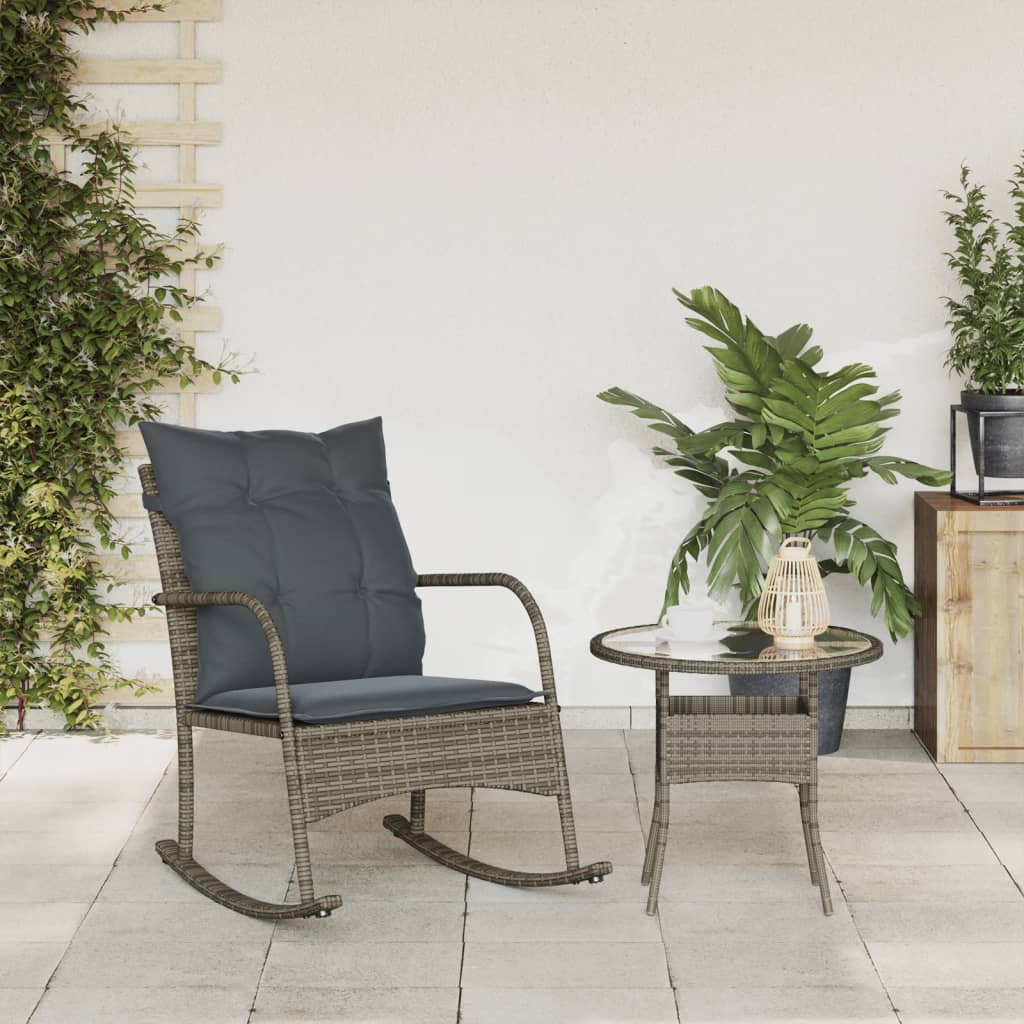 Cadeira de baloiço para jardim com almofadões vime PE cinzento