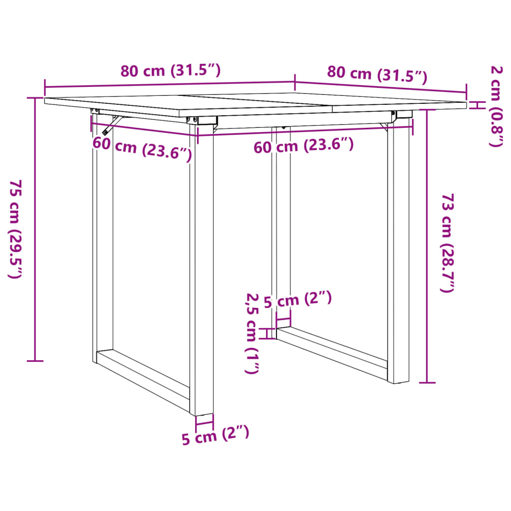 Mesa de jantar estrutura em O 80x80x75 cm pinho e ferro fundido