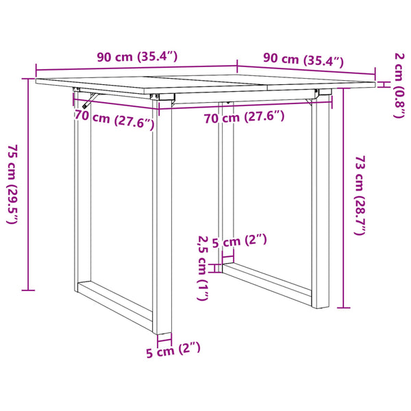 Mesa de jantar estrutura em O 90x90x75 cm pinho e ferro fundido