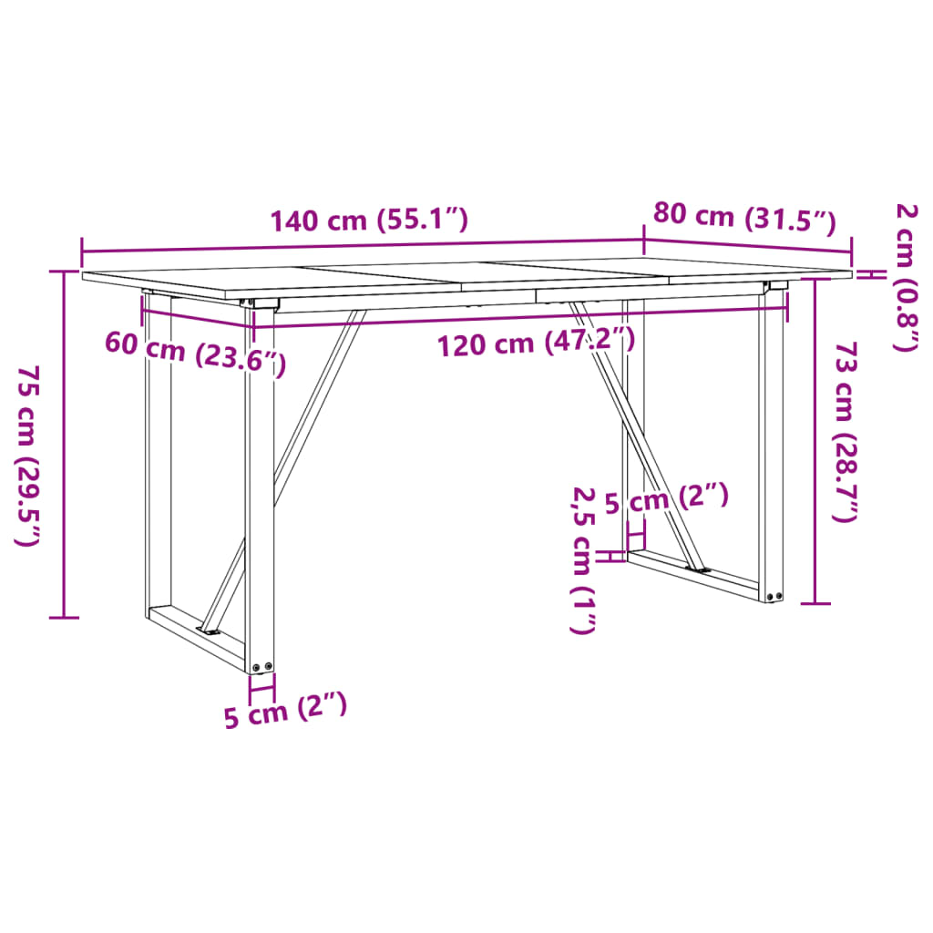 Mesa de jantar estrutura em O 140x80x75cm pinho e ferro fundido