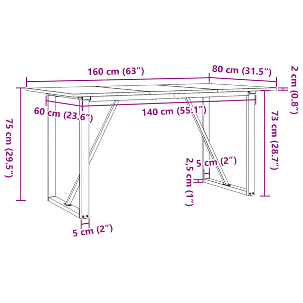 Mesa de jantar estrutura em O 160x80x75cm pinho e ferro fundido
