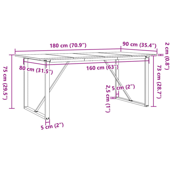 Mesa de jantar estrutura em O 180x90x75cm pinho e ferro fundido