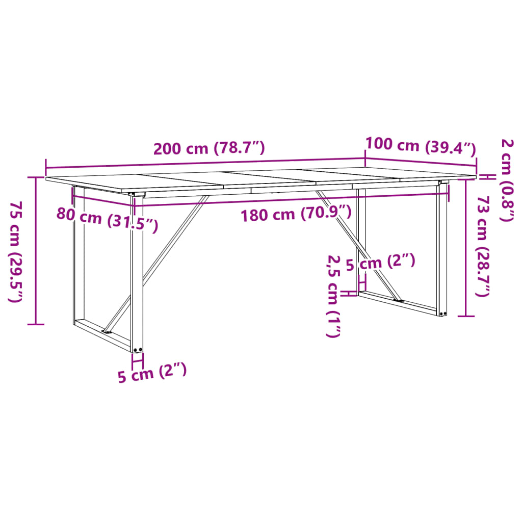 Mesa de jantar estrutura em O 200x100x75 cm pinho/ferro fundido