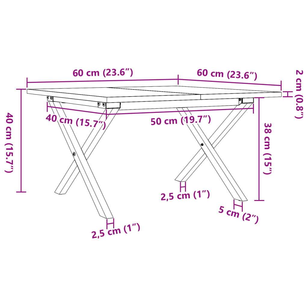 Mesa de centro estrutura em X 60x60x40 cm pinho e ferro fundido