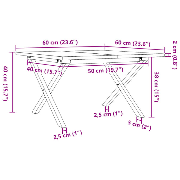 Mesa de centro estrutura em X 60x60x40 cm pinho e ferro fundido