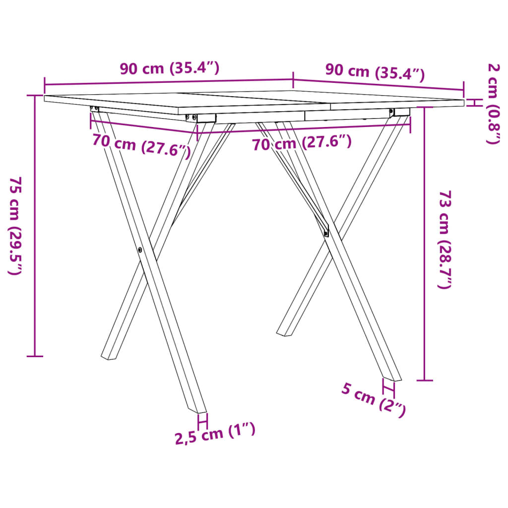Mesa de jantar estrutura em X 90x90x75 cm pinho e ferro fundido