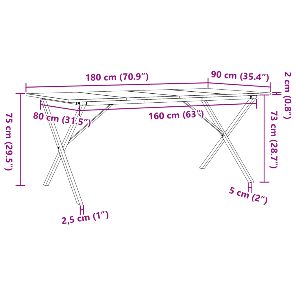 Mesa de jantar estrutura em X 180x90x75cm pinho e ferro fundido