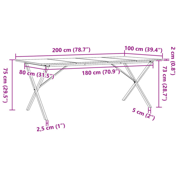 Mesa de jantar estrutura em X 200x100x75 cm pinho/ferro fundido