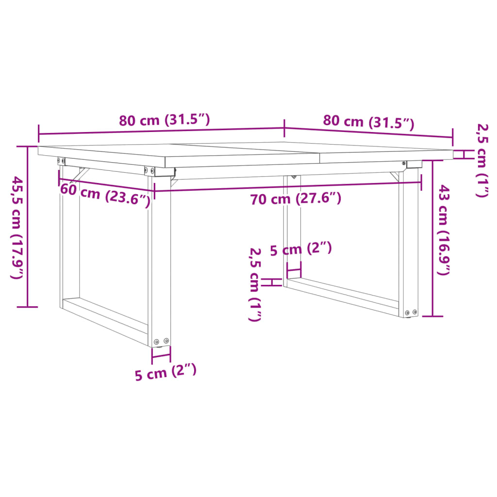 Mesa de centro estrutura em O 80x80x45,5 cm pinho/ferro fundido