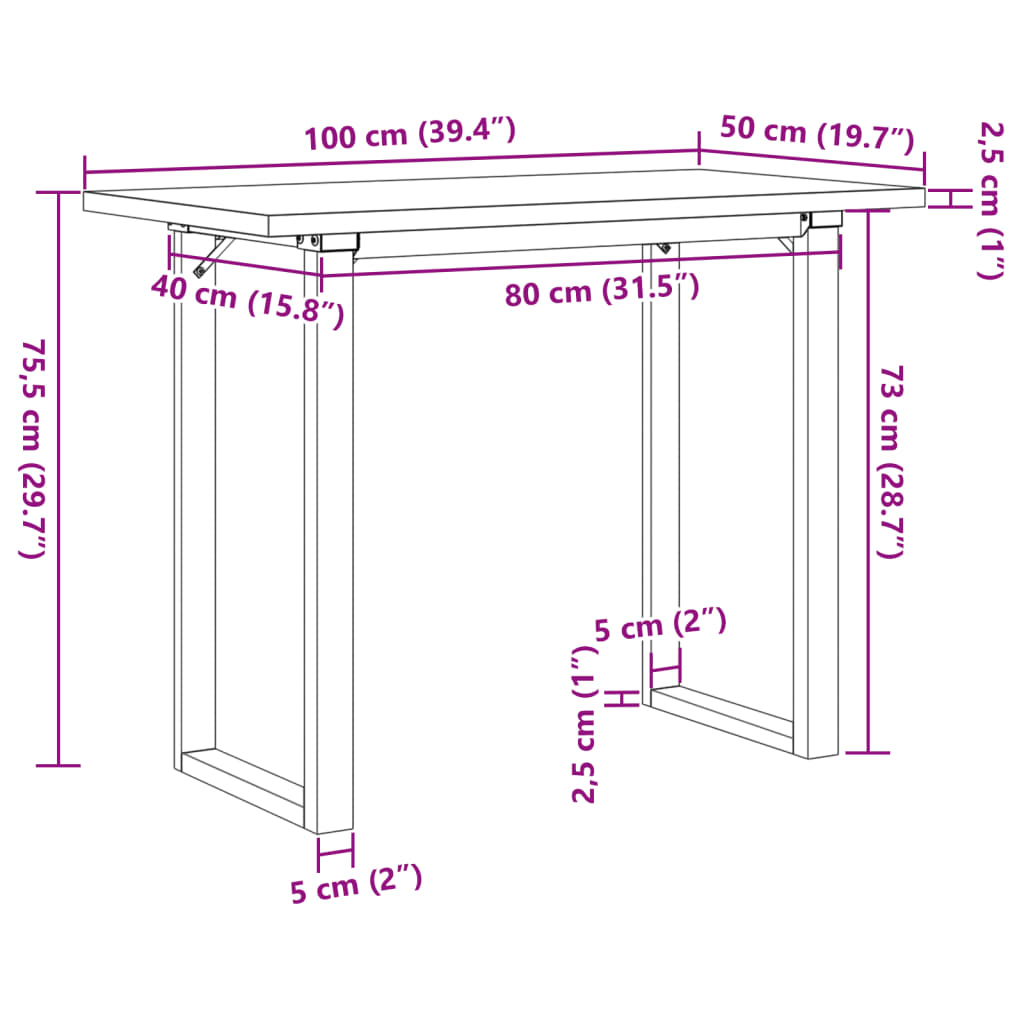 Mesa de jantar estrutura em O 100x50x75,5cm pinho/ferro fundido