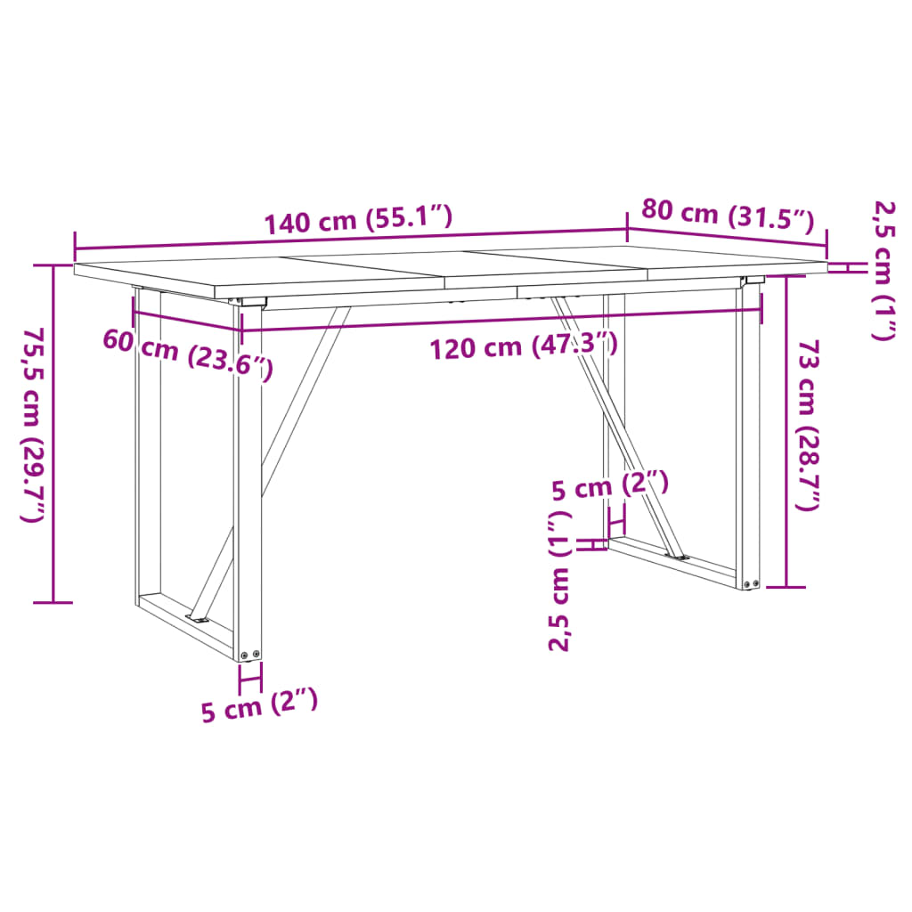 Mesa de jantar estrutura em O 140x80x75,5cm pinho/ferro fundido