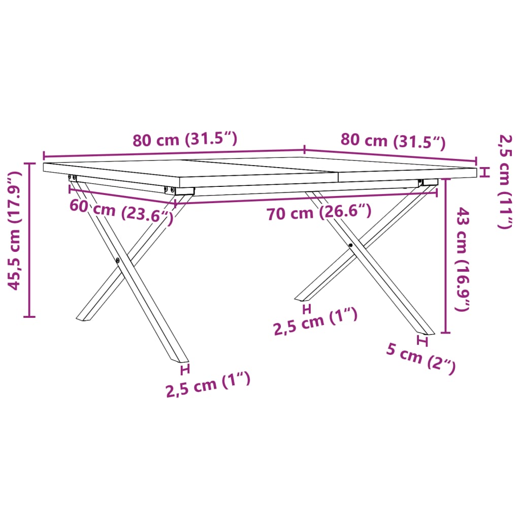 Mesa de centro estrutura em X 80x80x45,5 cm pinho/ferro fundido