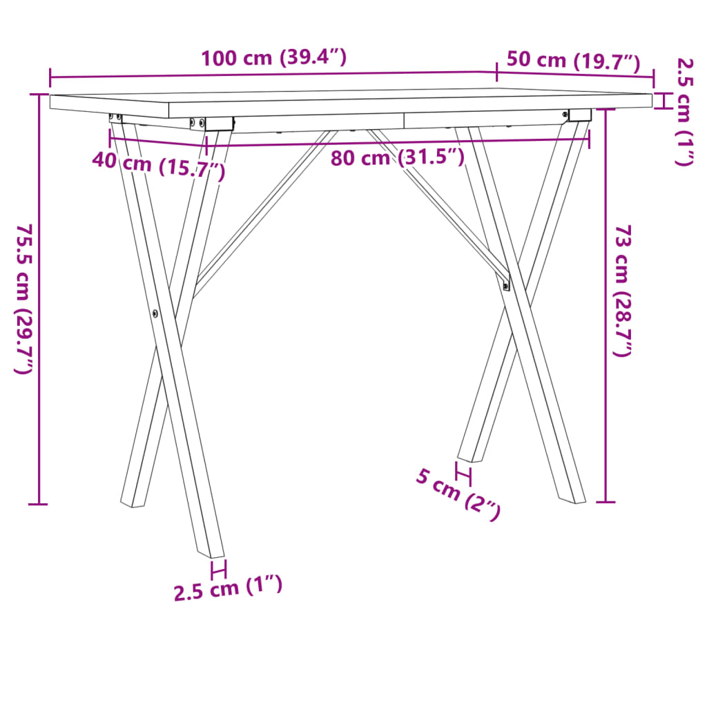 Mesa de jantar estrutura em X 100x50x75,5cm pinho/ferro fundido
